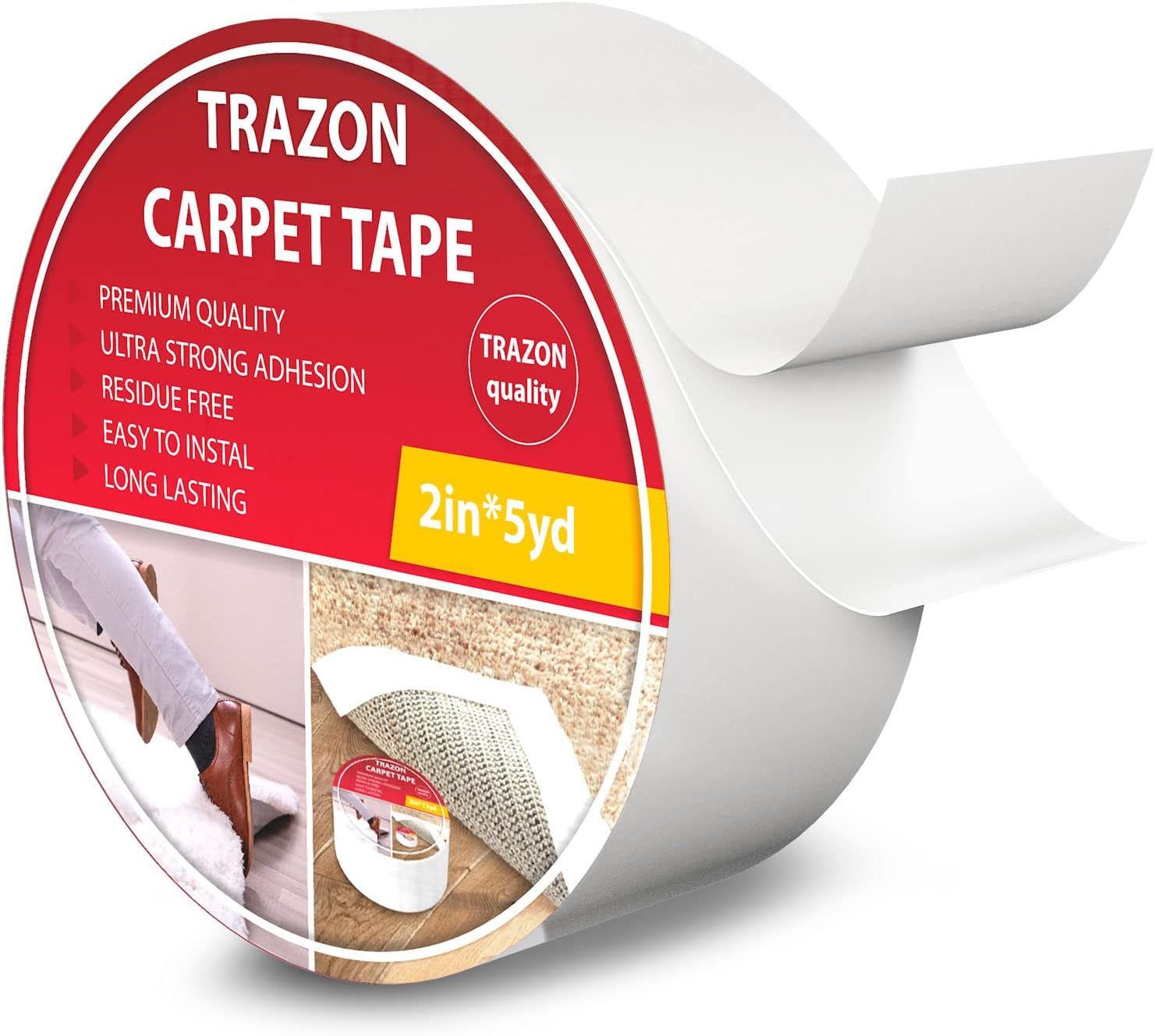 230816082426683_1 Trazon Carpet Tape Double Sided - Rug Tape Grippers for Hardwood Floors and Area Rugs - Carpet Binding Tape Strong Adhesive and Removable, Heavy Duty Stickers Tape, Residue Free (2 Inch / 5 Yards) - Image 1